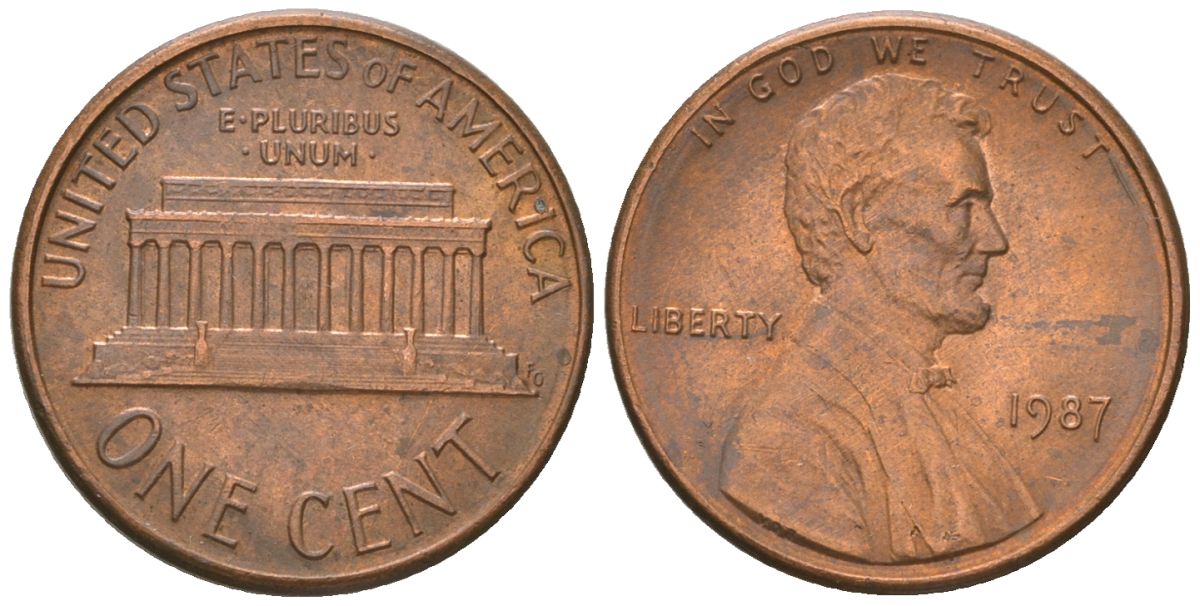 США 1 цент 1987 Линкольн KM 201b цинк плакированный медью 4567-1032