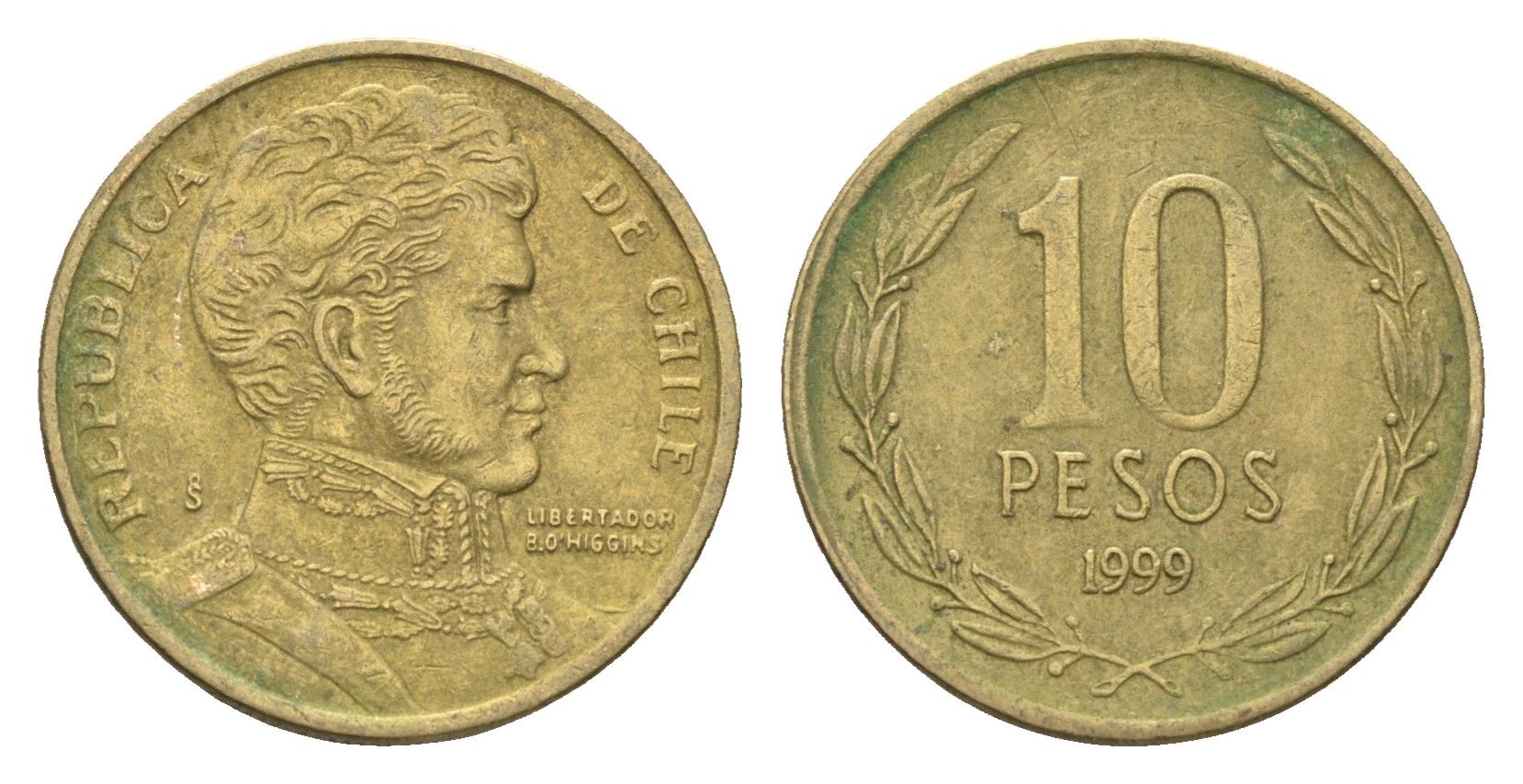 Чили 10 песо 1999 KM 228 никель латунь 4664-433