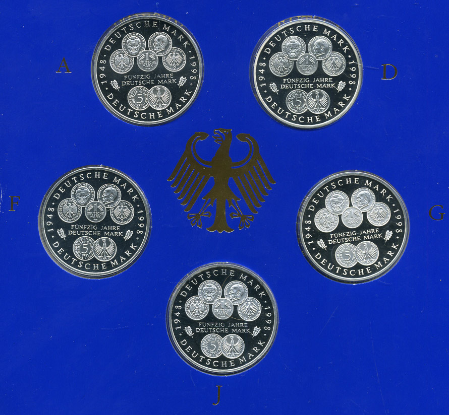 ФРГ набор из 5 штук по 10 марок 1998 A, D, F, G, J,  50 лет марке ФРГ KM 195 серебро PROOF 6-5-2-1
