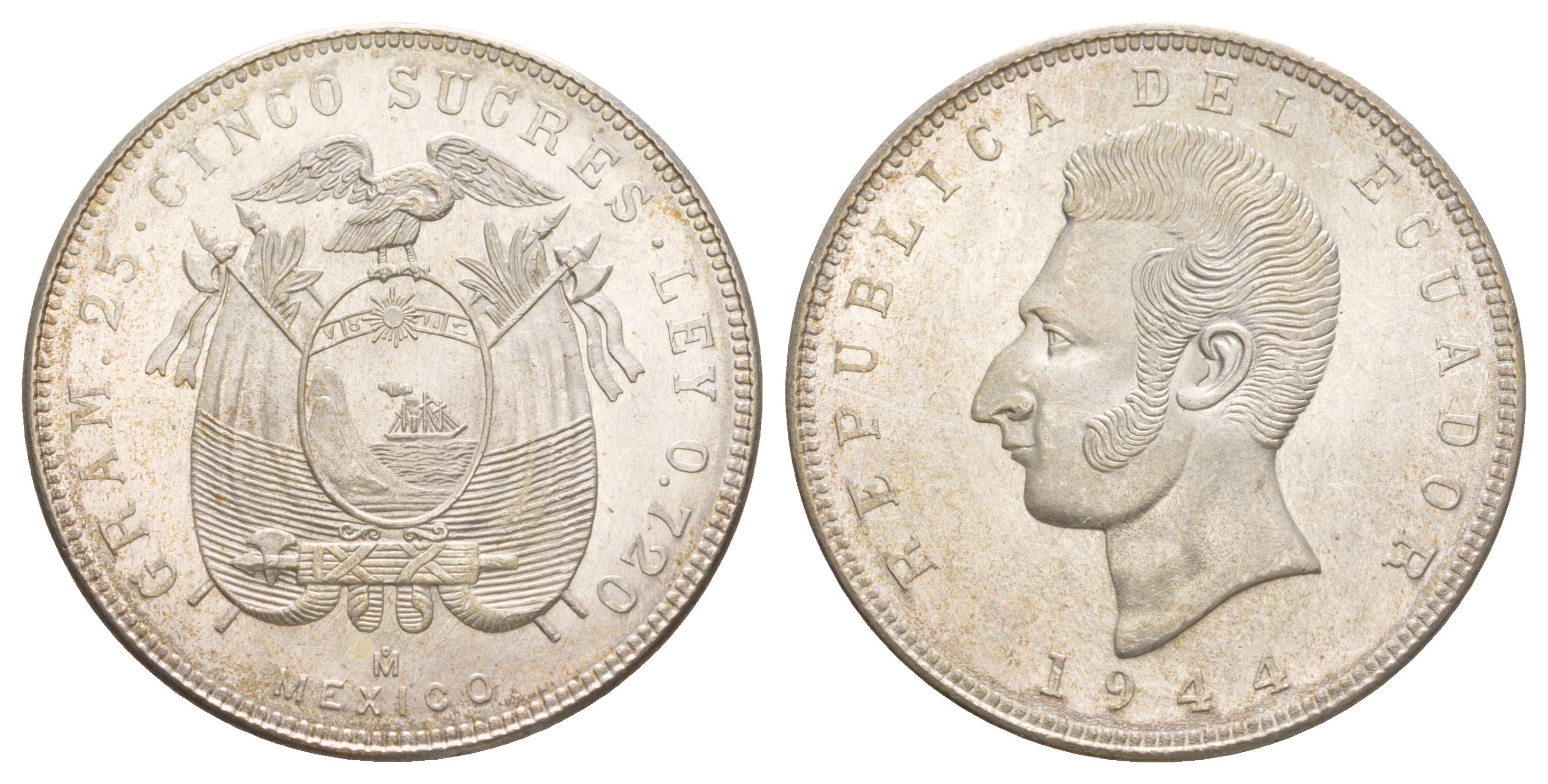 Эквадор 5 сукре 1944 KM 79 серебро UNC 11-152-11