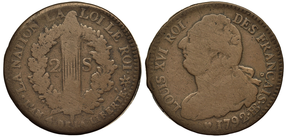 ФРАНЦИЯ 2 СОЛЯ 1792 ВВ, ЛЮДОВИК XVI KM 603.4 бронза 1524-1221