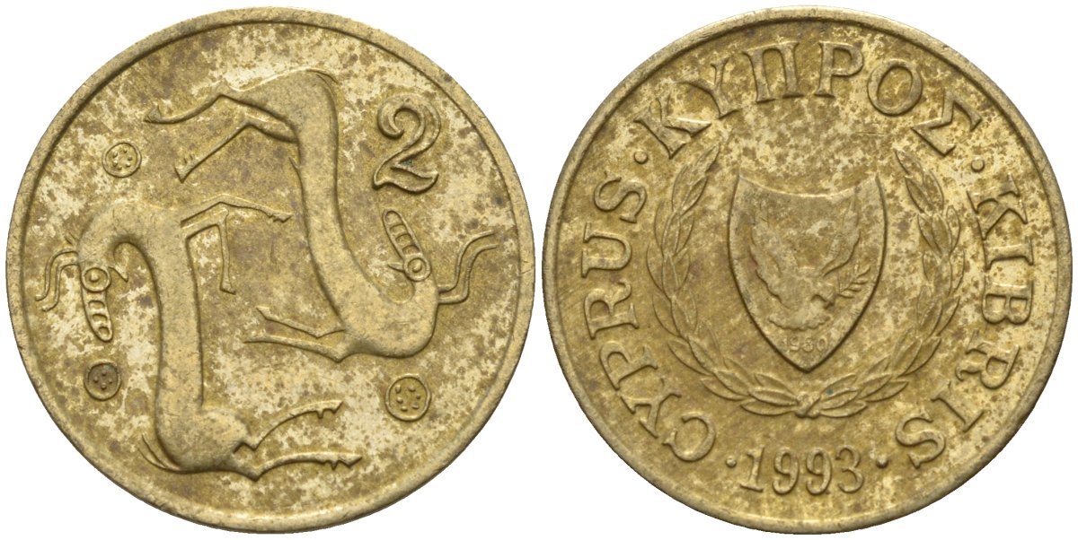 Кипр 2 цента 1993 KM 54.3 никель латунь 4174-1257
