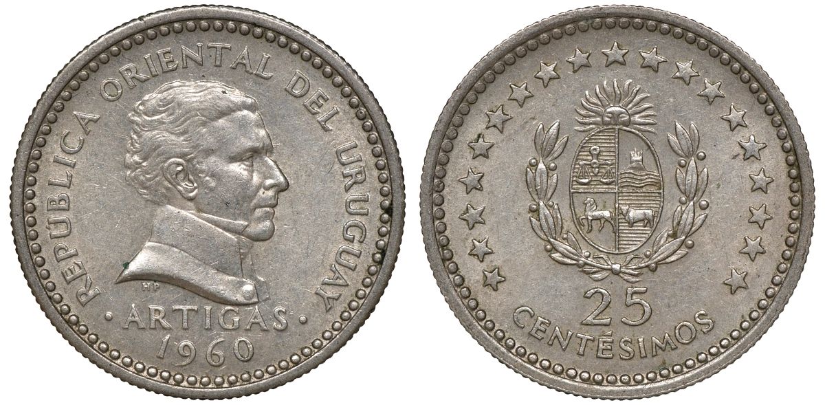 Уругвай 25 сентесимо 1960 KM 40 медно-никель 4169-952