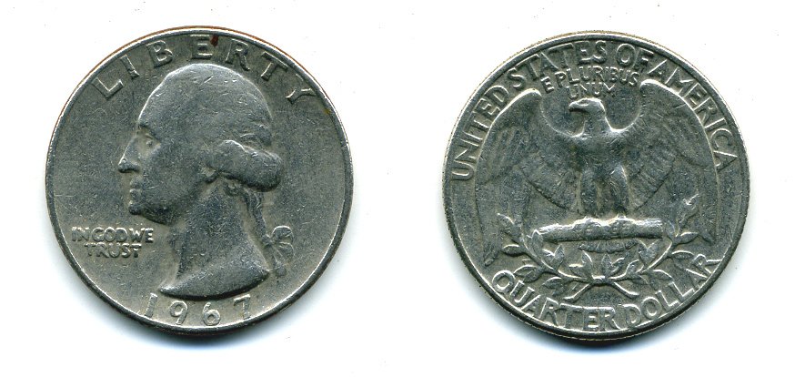 США 25 центов (квотер) 1967 Вашингтон KM 164a медь плакированная медно-никелем 46-1913