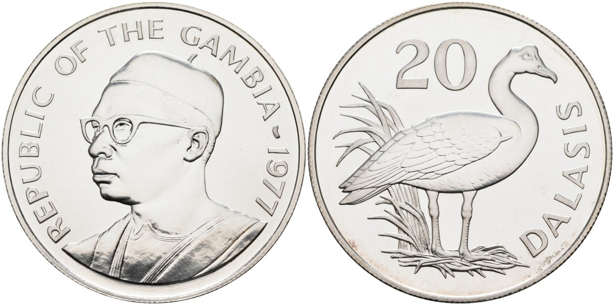 Гамбия 20 даласи 1977 серия защита окружающей среды, шпорцевый гусь, тираж 4302 экз. KM 17 серебро UNC 00-000-00
