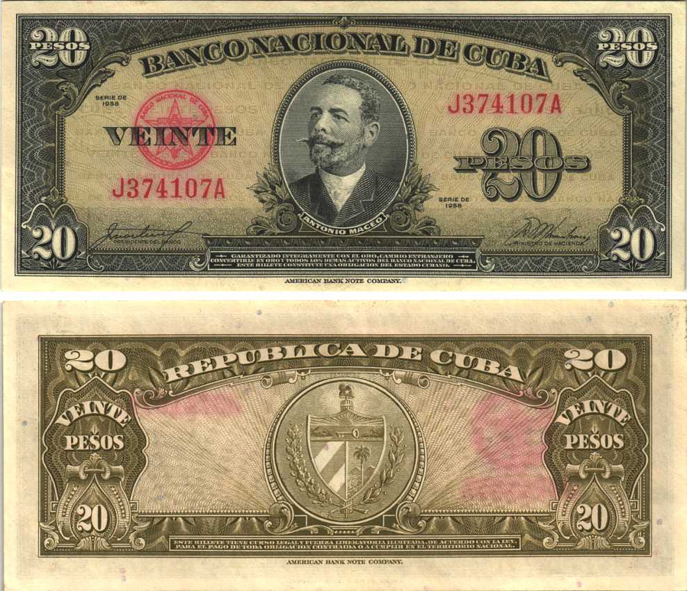 Куба 20 песо 1958 Антонио Масео, красная серия Pick 80 b бумага аUNC 7191-31-1-1