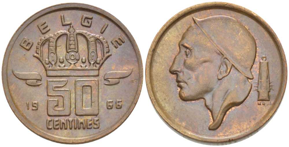 БЕЛЬГИЯ 50 САНТИМОВ 1966 BELGIE, БОДУЭН I (1951-1993) KM 149.1 бронза 206-146