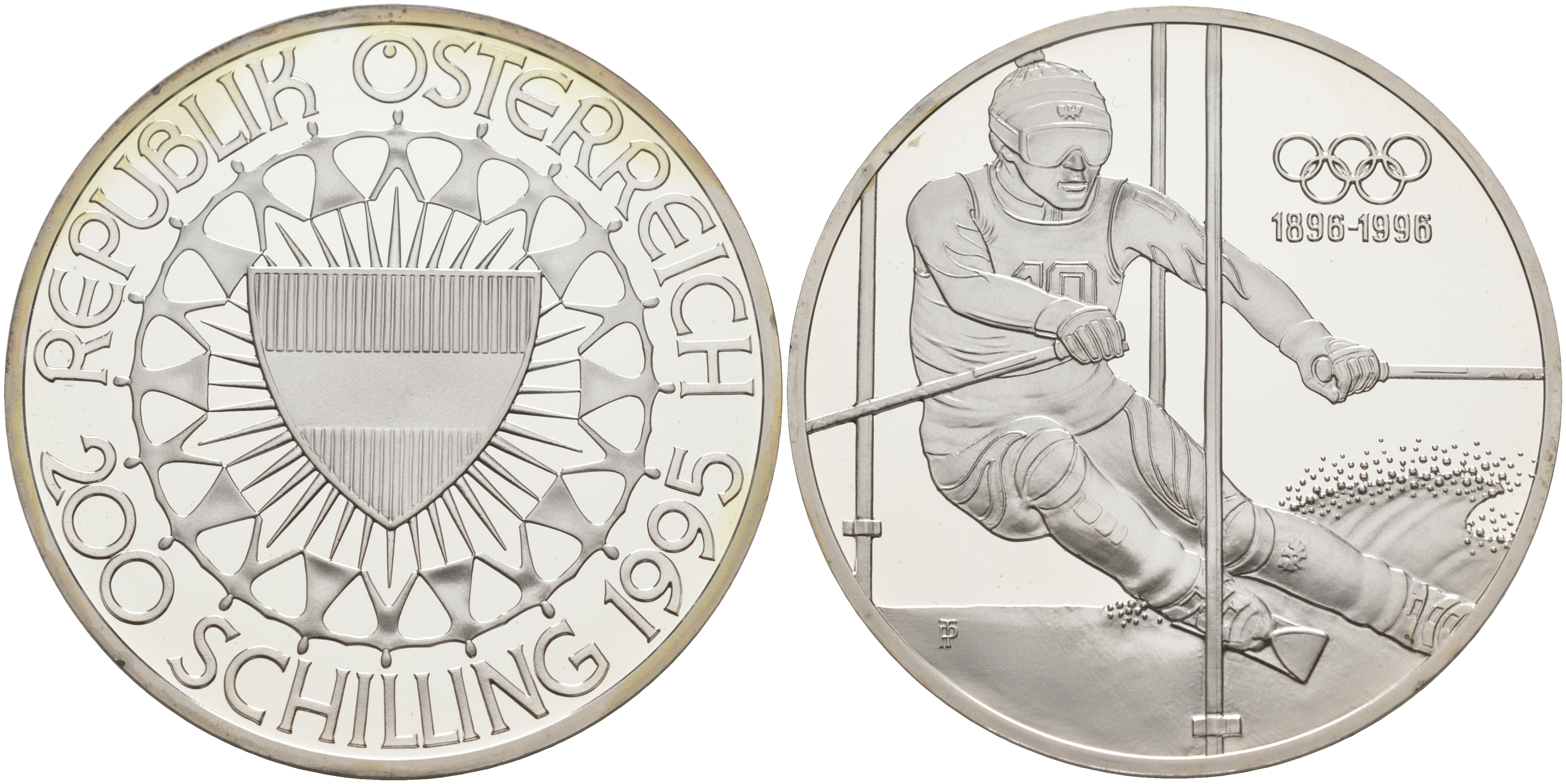 Австрия 200 шиллингов 1995 100 лет Олимпийским играм, слалом KM 3027 серебро PROOF 1091-9-32