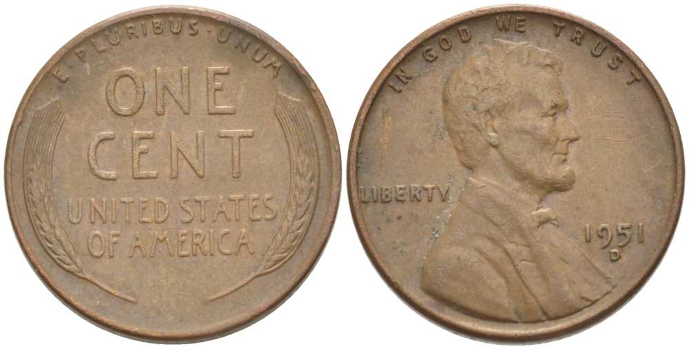 США 1 ЦЕНТ 1951 D, ЛИНКОЛЬН KM А132 медь цинк 218-563