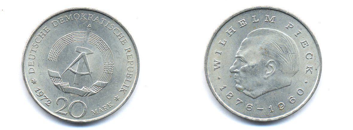 ГДР 20 марок 1972 А, Вильгельм Пик (1876-1960) KM 42 медно-никель 3333-335