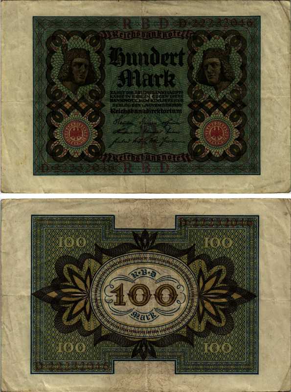 Германия 100 марок 1920 Бамбергский всадник, 8 цифр в номере Pick 69 b, Розенберг 69b бумага 7487-16-1