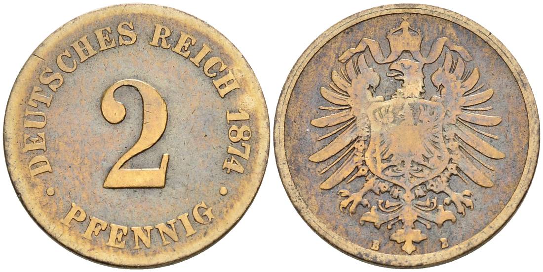 ГЕРМАНИЯ 2 ПФЕННИГА 1874 B, СТАРОГЕРБОВКА KM 2, Jager 2, Weege 3 медь 4546-532