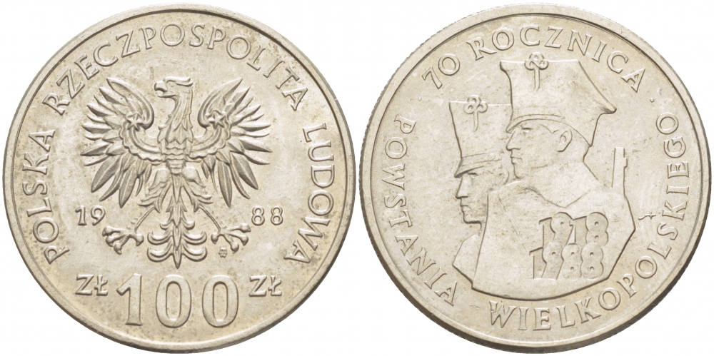 ПОЛЬША 100 ЗЛОТЫХ 1988 MW, 70 ЛЕТ ВЕЛИКОПОЛЬСКОГО ВОССТАНИЯ KM 182 медно-никель 4403-633