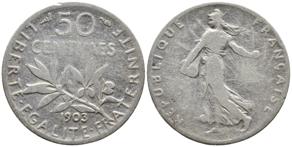 ФРАНЦИЯ 50 САНТИМОВ 1903 KM 854 серебро 4178-313