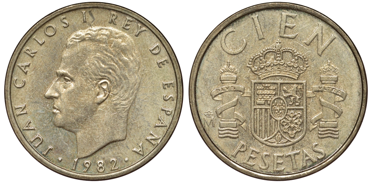 ИСПАНИЯ 100 ПЕСЕТ 1982 ХУАН КАРЛОС I (1975-) KM 826 алюминиевая бронза 62-1133