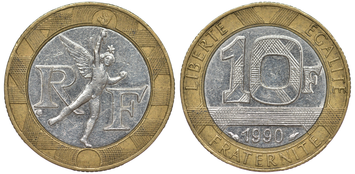 Франция 10 франков 1990 тип Гений Бастилии KM 964.1, Le Frank 375.5 биметалл 45-812