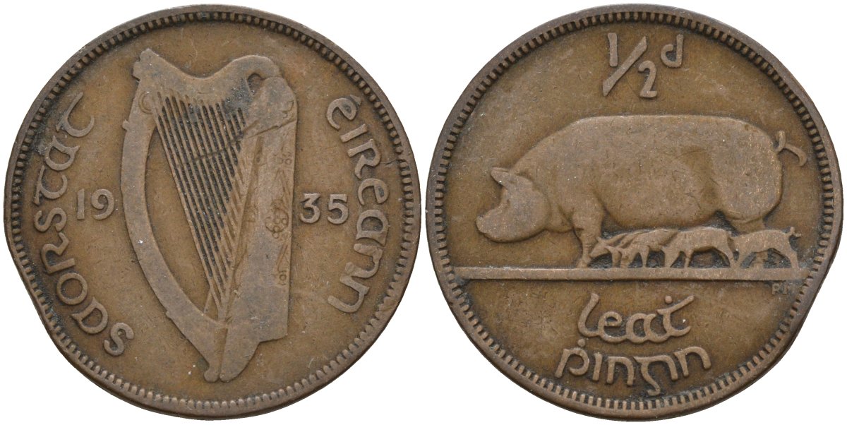 Ирландия 1/2 пенни 1935 свинья с поросятами KM 2 бронза 4146-534