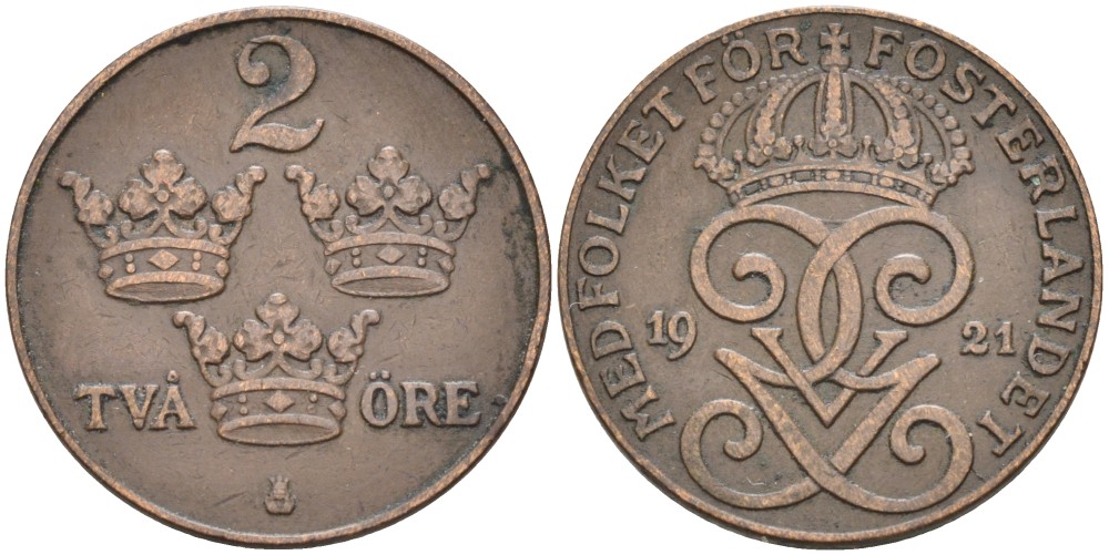 Швеция 2 эре 1921 Густав V (1907-1950) KM 778 бронза 63-1126