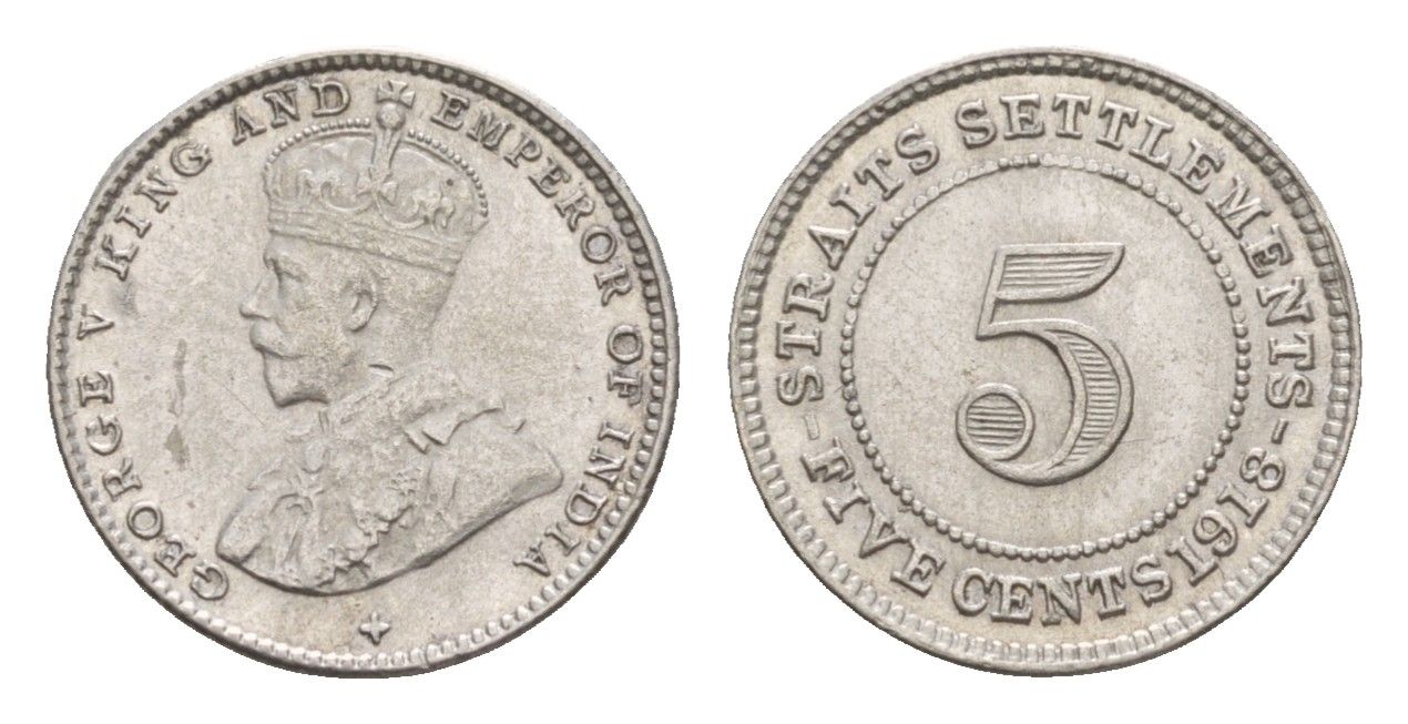 Стрейтс-Сетлментс (Стрейтс Сетлментс) 5 центов 1918 Георг V (1910-1936) KM 31 серебро 1521-813