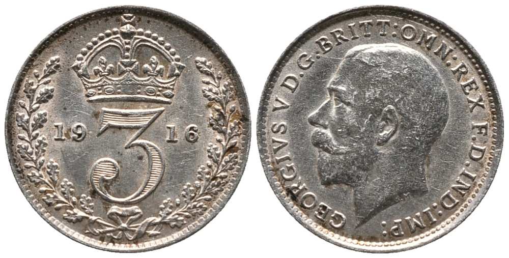 Великобритания 3 пенса 1916 Георг V (1910-1936) KM 813, Spink 4015 серебро 214-332