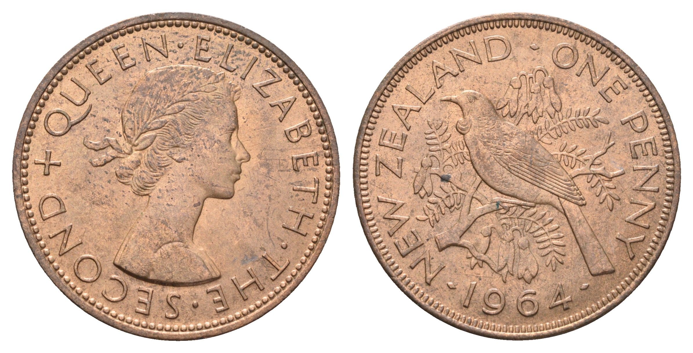 Новая Зеландия 1 пенни 1964 Елизавета II (1952-2022), новозеландский туи KM 24.2 бронза aUNC 4587-1126