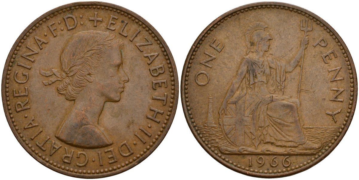 Великобритания 1 пенни 1966 Елизавета II (1952-2022) KM 897, Spink 4157 бронза 189-612