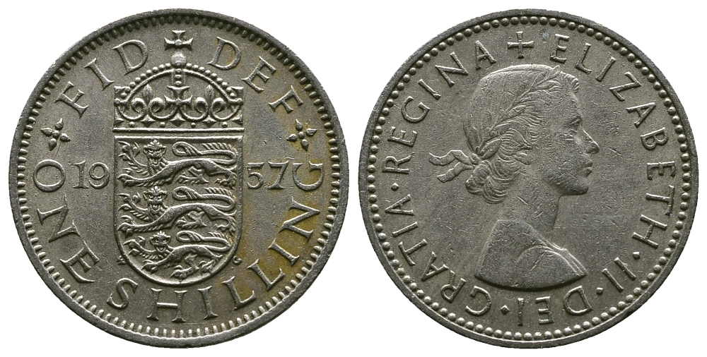 Великобритания 1 шиллинг 1957 Елизавета II (1952-2022), Английский герб KM 904, Spink 4147 медно-никель 4384-345