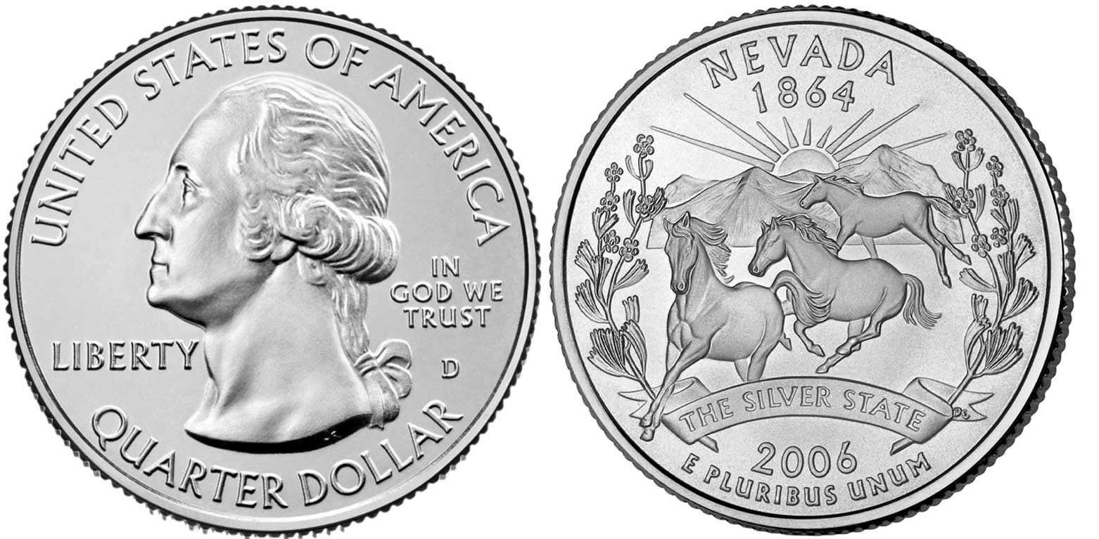 США 25 центов (квотер) 2006 D, серия штаты США, Невада KM 382 медь плакированная медно-никелем  UNC  M8-21