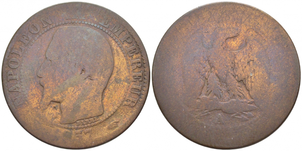 ФРАНЦИЯ 5 САНТИМОВ 1857 НАПОЛЕОН III (1852-1870) KM 771.1 бронза 3856-335