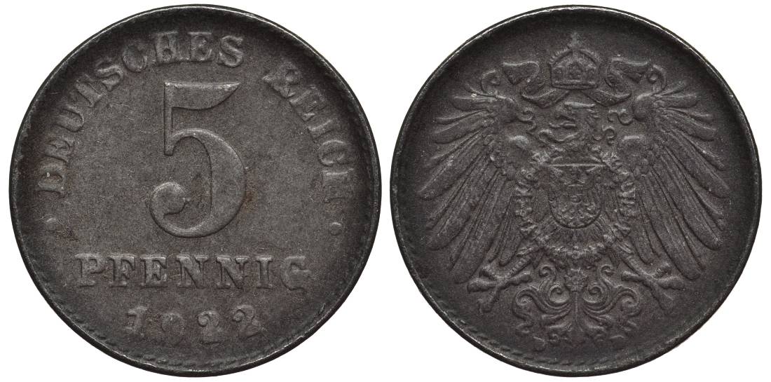 ГЕРМАНИЯ 5 ПФЕННИГОВ 1922 D KM 19, Jager 297, Weege 5 железо 4547-635