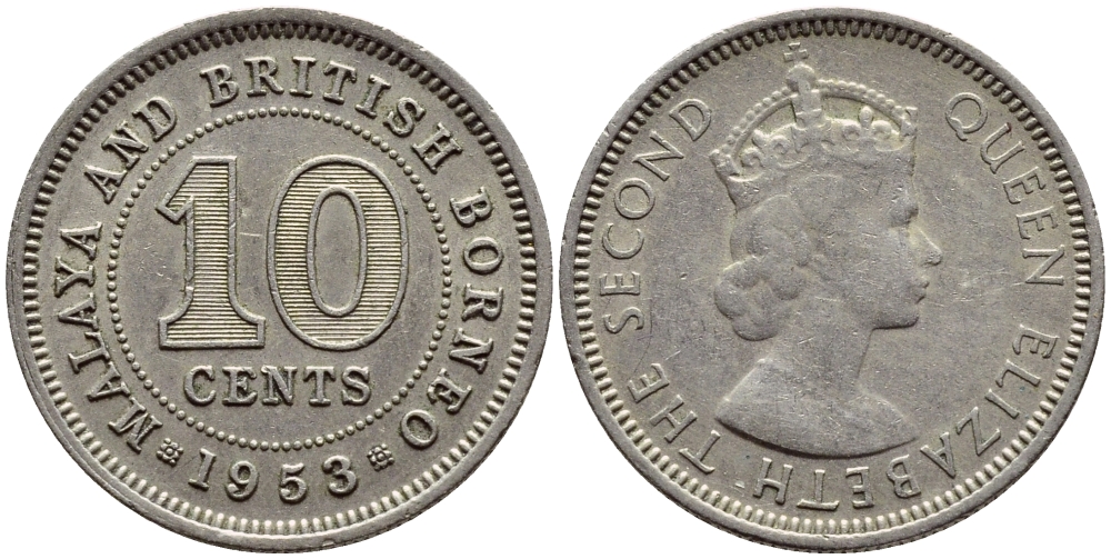Малайя и Британское Борнео 10 центов 1953 Елизавета II (1952-2022) KM 2 медно-никель 4392-1138