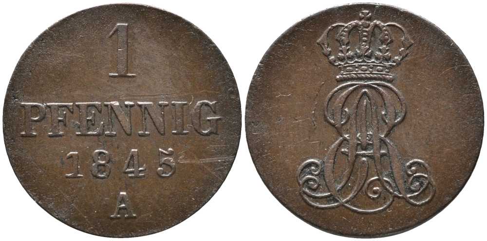 Ганновер 1 пфенниг 1845 B, Эрнст Август (1837-1851) KM 201.1, AKS 129, J. 74 медь 4398-541