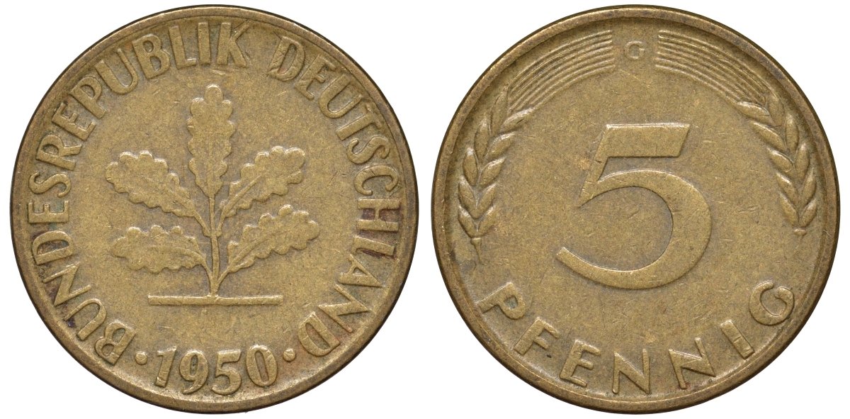ФРГ 5 пфеннигов 1950 G KM 107, J.382 сталь плакированная латунью 4174-515