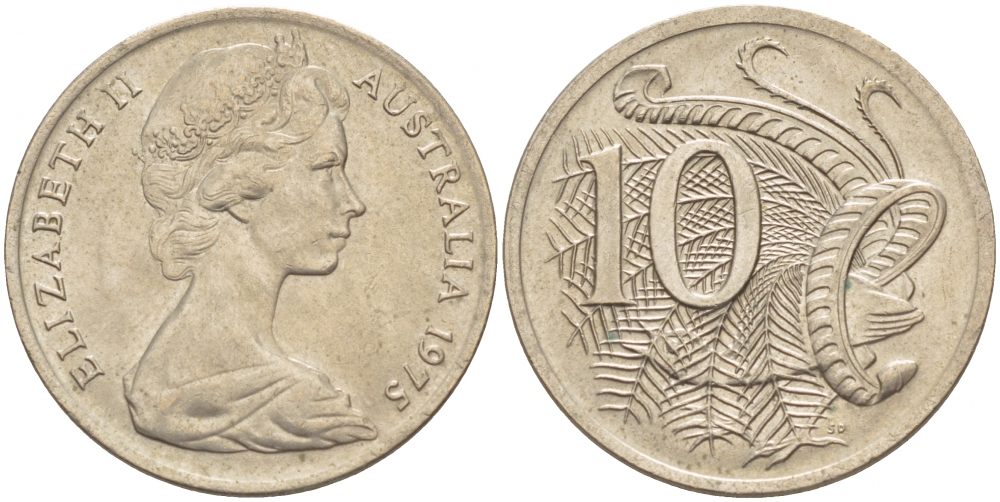Австралия 10 центов 1975 Елизавета II (1952-), птица лирахвост KM 65 медно-никель UNC 4539-1114