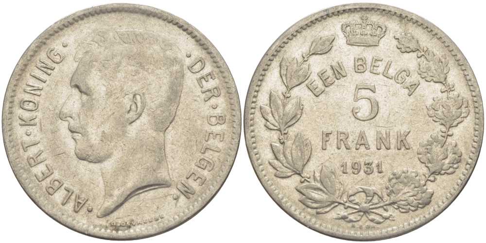 БЕЛЬГИЯ 5 ФРАНКОВ 1931 АЛЬБЕРТ I, DER BELGEN KM 98 никель 3851-335