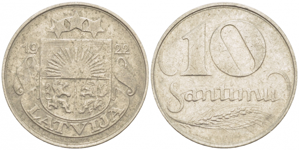Латвия 10 сантимов 1922 первая Республика (1918-1939) KM 4 никель 3718-246