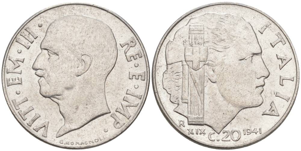 ИТАЛИЯ 20 ЧЕНТЕЗИМО 1941 R, ГОД XIX, ВИКТОР ЭММАНУИЛ III (1900-1946) KM 75b, VEM3. 1028 нержавеющая сталь 3853-556