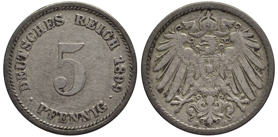 ГЕРМАНИЯ 5 ПФЕННИГОВ 1899 D KM 11, Jager 12, Weege 6 медно-никель 4547-364