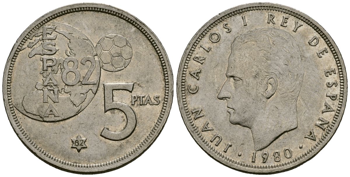 Испания 5 песет 1980 (82) Чемпионат мира по футболу в Испании 1982, Хуан Карлос I (1975-) KM 817 медно-никель 4138-1055