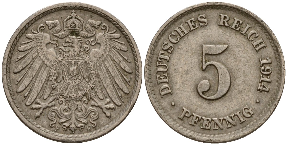 Германия 5 пфеннигов 1914 F KM 11, J. 12 медно-никель 4189-829