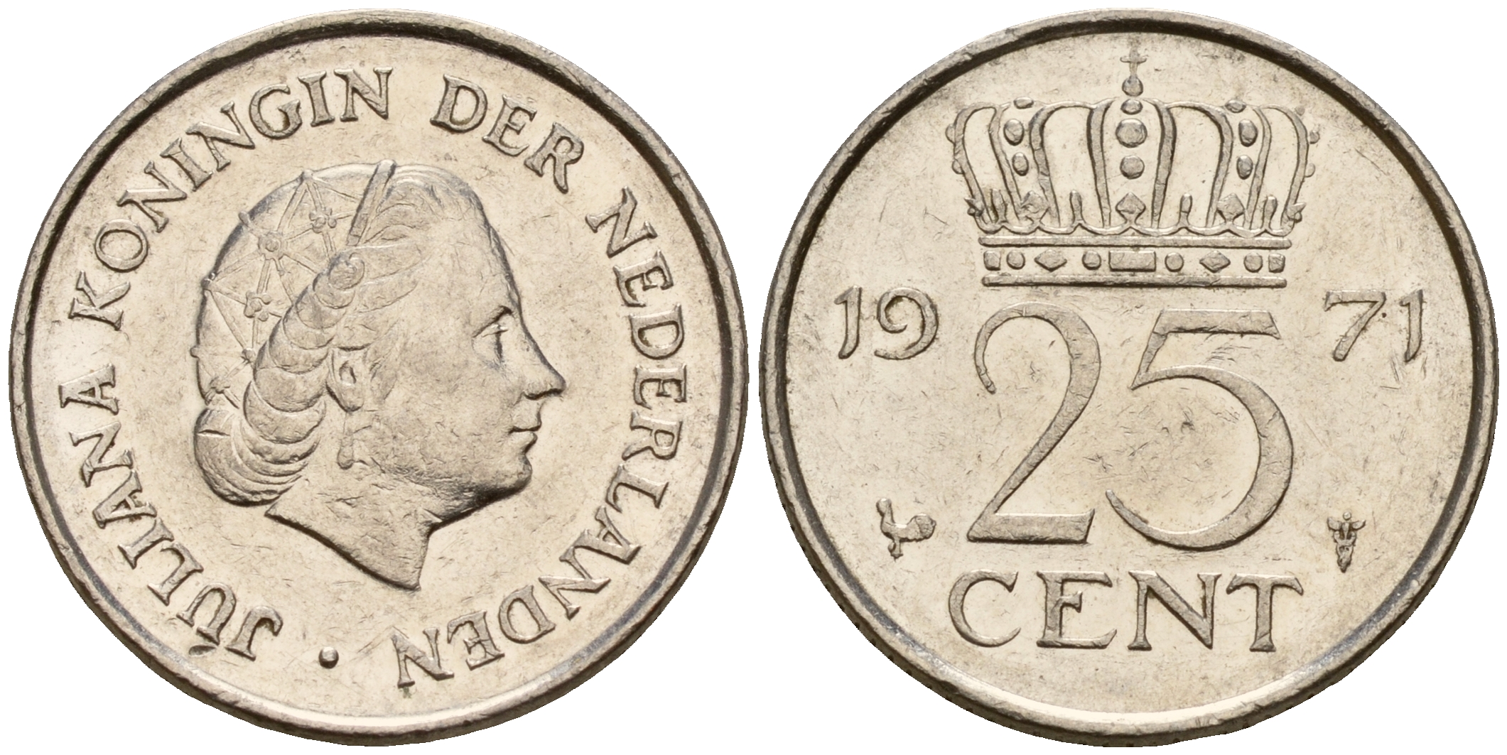 Нидерланды 25 центов 1971 Юлиана (1949-1980) KM 183 никель    4598-459