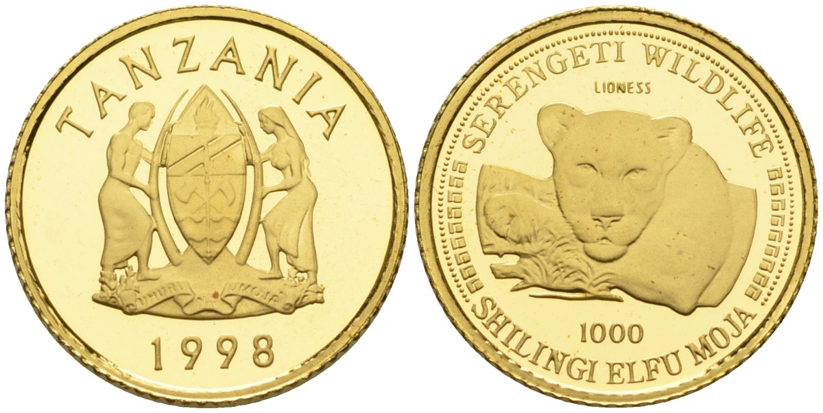 Танзания 1000 шиллингов 1998 львы, вес 3,13 гр KM нет золото PROOF 00-801-23