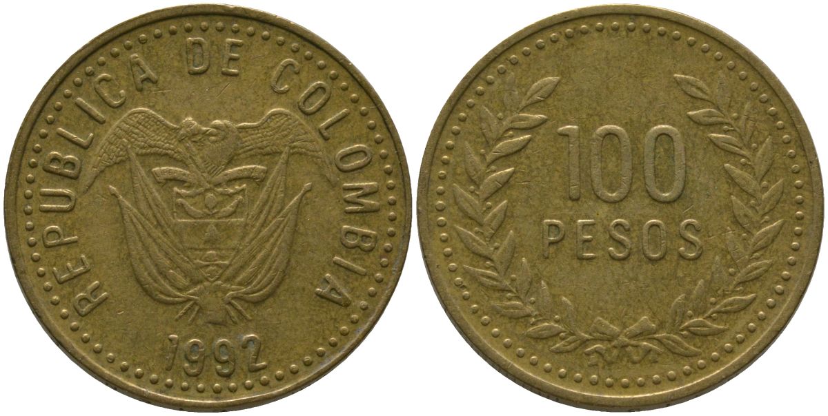 Колумбия 100 песо 1992 KM 285.1, Restrepo 445.1 латунь 4538-1233