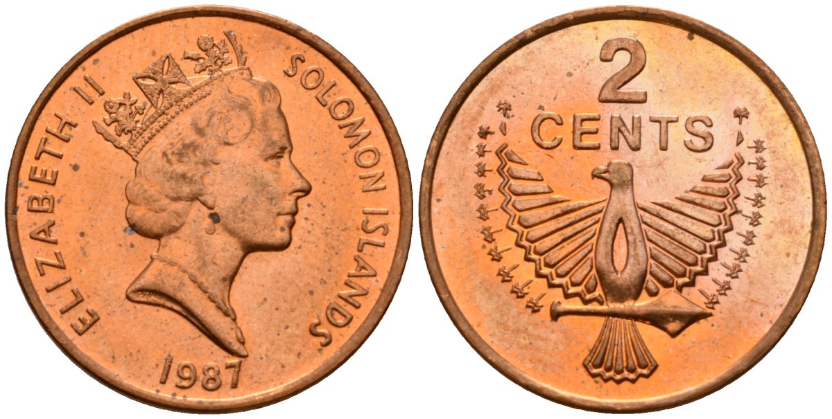 Соломоновы Острова 2 цента 1987 Елизавета II (1953-) KM 25 сталь плакированная бронзой aUNC 4563-141