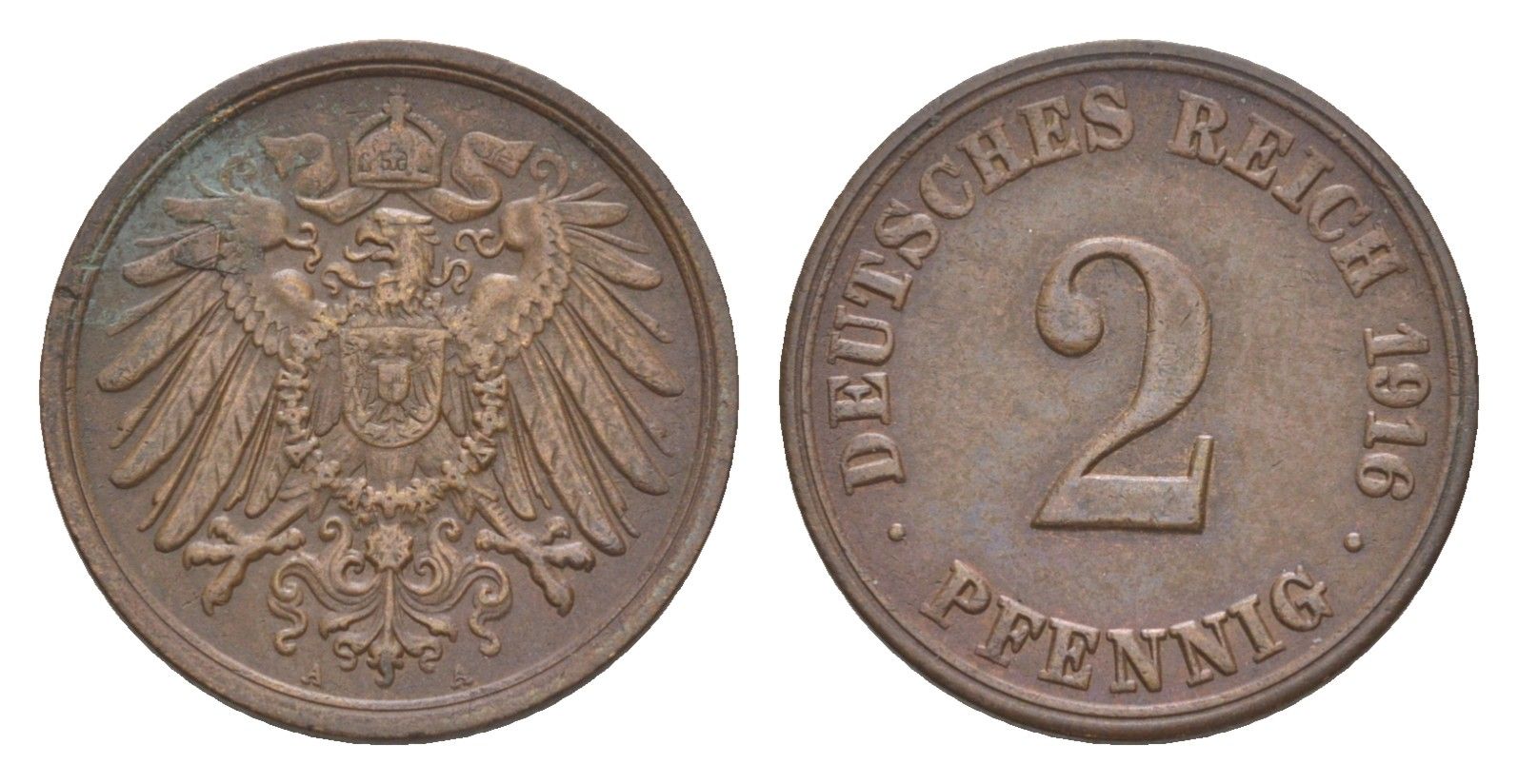 Германия 2 пфеннига 1916 A, Вильгельм II (1888-1918) KM 16, J. 11, Weege 4 медь 4639-1223