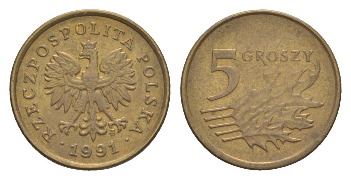 Польша 5 грошей 1991 Y 278 марганец латунь 4625-318