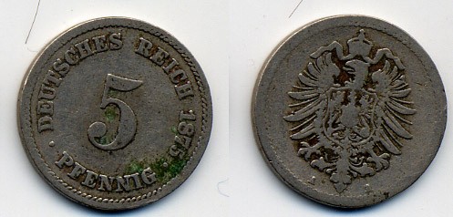 ГЕРМАНИЯ 5 ПФЕННИГОВ 1875 A, СТАРОГЕРБОВКА KM 3, J.3 медно-никель 41-842