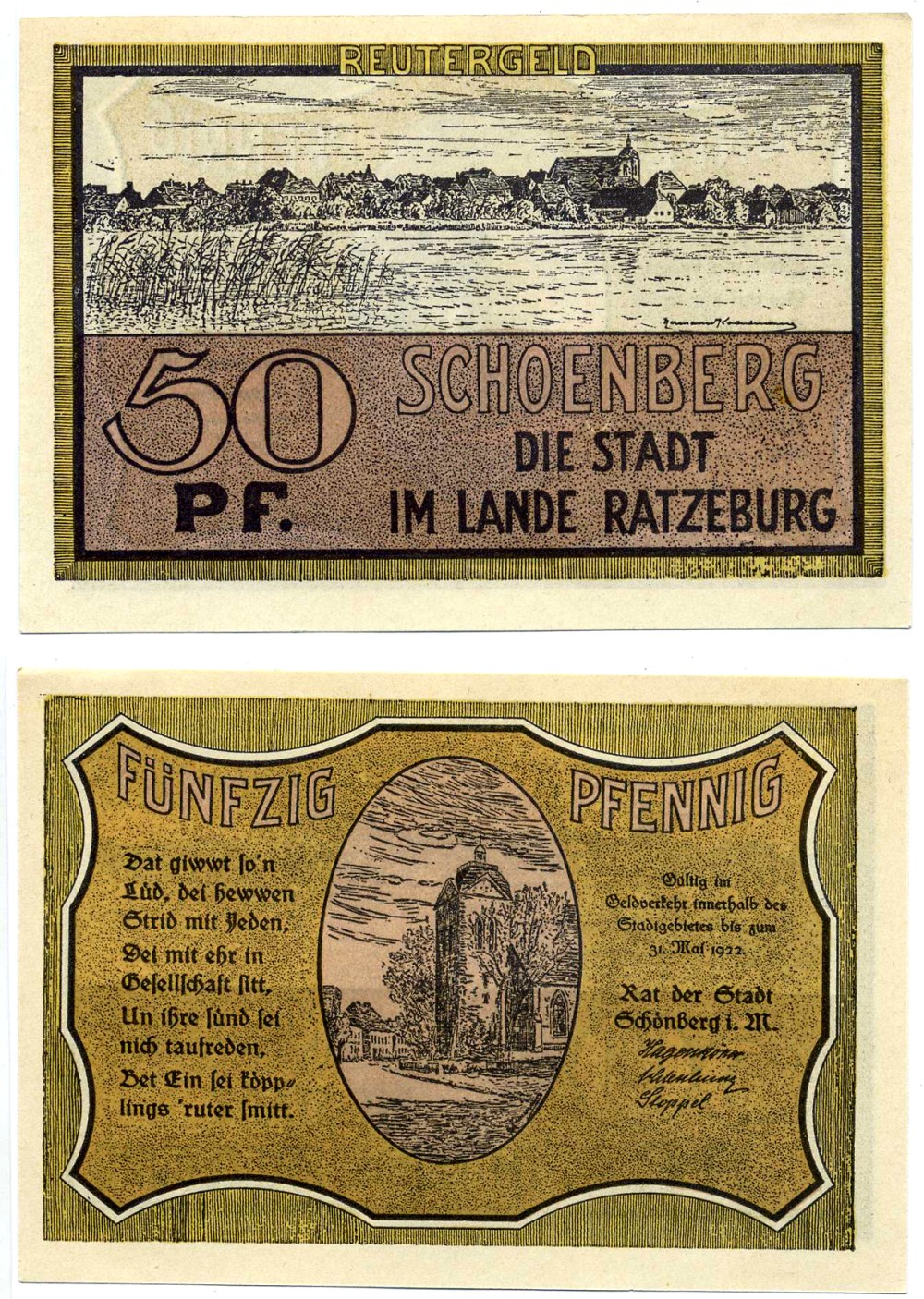 ШЁНБЕРГ 50 пфеннигов 1922 ИЮНЬ 1922 - 31 МАЯ 1922, НОТГЕЛЬД, ЗЕМЛЯ САКСОНИЯ Grabowski 1195.2 бумага 2195-10-3-1