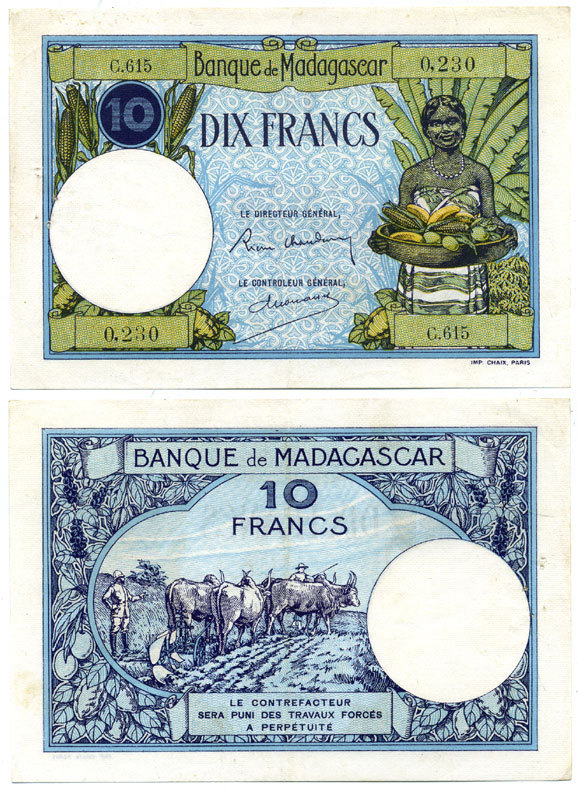 Мадагаскар 10 франков ND (1937-1947) женщина, пахота на буйволах Pick 36 (3) бумага аUNC 000-00-00