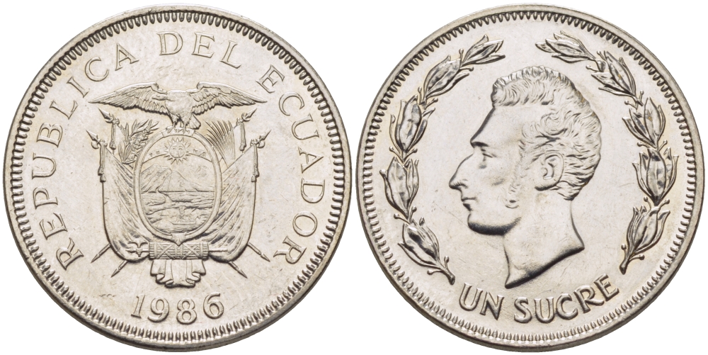 ЭКВАДОР 1 СУКРЕ 1986 АНТОНИО ХОСЕ де СУКРЕ KM 85.2 сталь плакированная никелем UNC 31-417